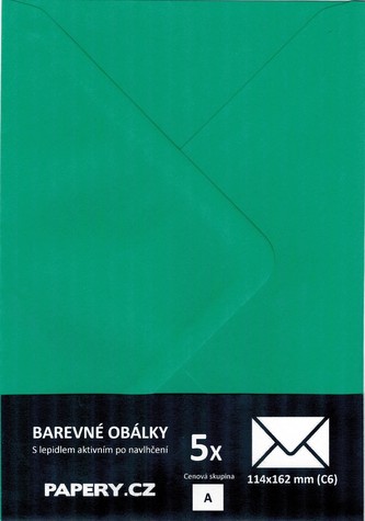barevná obálka 114X162 mm ZELENÁ VÁNOČNÍ, 5 kusů,110 gm2, olizová barevná obálka 114X162 mm ZELENÁ VÁNOČNÍ, 5 kusů,110 gm2, olizová