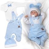 Bavlněná souprava Gentleman 3D, body, polodupačky s láclem + čepička, modrá/bílá; 56 (1-2m)