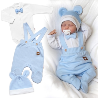 Bavlněná souprava Gentleman 3D, body, polodupačky s láclem + čepička, modrá/bílá; 56 (1-2m)