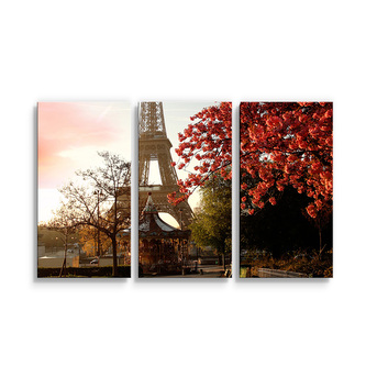 Obraz - 3-dílný Eiffelova věž a červený strom: 120x80 cm Obraz - 3-dílný Eiffelova věž a červený strom: 120x80 cm