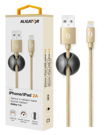 Datový kabel ALIGATOR PREMIUM 2A, Lightning zlatý