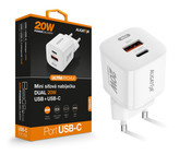 Chytrá síťová nabíječka ALIGATOR Mini, Power Delivery 20W USB + USB-C, bílá