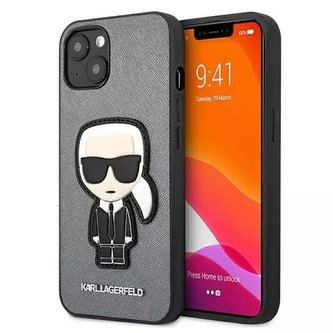 Karl Lagerfeld KLHCP13SOKPG iPhone 13 mini 5,4" srebrny/stříbrný pevný obal Saffiano Ikonik Karl`s Patch Karl Lagerfeld KLHCP13SOKPG iPhone 13 mini 5,4" srebrny/stříbrný pevný obal Saffiano Ikonik Karl`s Patch