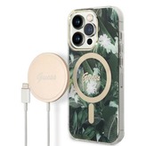 Guess Bundle Pack MagSafe IML Jungle - sada pouzdra pro iPhone 14 Pro Max + nabíječka MagSafe (khaki/zlatá)