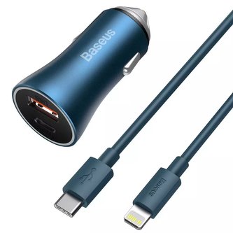 Baseus Golden Contactor Pro Rychlá USB nabíječka do auta Typ C / USB 40 W Napájení 3.0 Rychlé nabíjení 4 SCP FCP AFC Kabel USB typu C – Lightning Blue (TZCCJD-03)