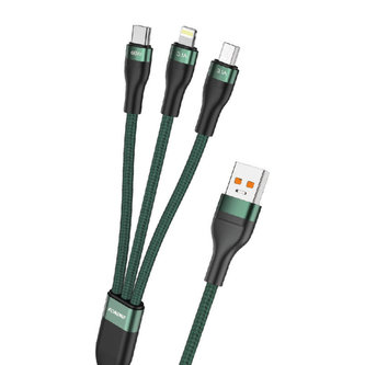 Foneng X78 kabel 3v1 USB na USB-C / Lightning / Micro USB, 66 W, 1,2 m (zelený)