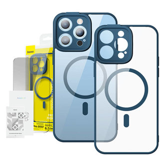 Sada průhledného magnetického pouzdra a tvrzeného skla Baseus Frame pro iPhone 14 Pro Max (modrá)
