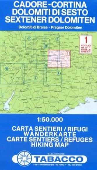 Tabacco topographische Wanderkarte Cortina, Sextener Dolomiten. Cadore, Dolomiti di Sesto