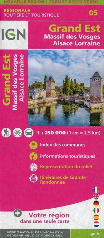 IGN Karte, Régionale Routière et Touristique Grand Est (Massif des Vosges Alsace Lorraine) Recto/verso