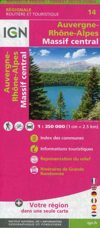 IGN Karte, Régionale Routière et Touristique Auvergne Rhône-Alpes (Massif Central) Recto/verso
