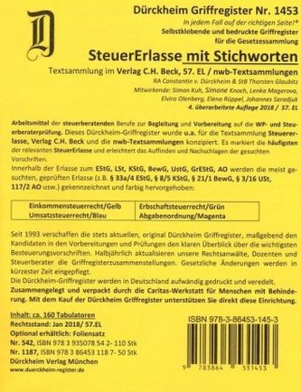 SteuerErlasse Griffregister Nr. 1453 (2018/57.EL) mit Stichworten SteuerErlasse Griffregister Nr. 1453 (2018/57.EL) mit Stichworten