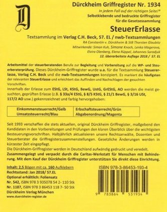 STEUERERLASSE Dürckheim-Griffregister Nr. 1934 (2018/57. EL) STEUERERLASSE Dürckheim-Griffregister Nr. 1934 (2018/57. EL)