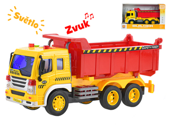 Auto stavební sklápěčka 27cm 1:16 na setrvačník na baterie se světlem a zvukem v krabičce