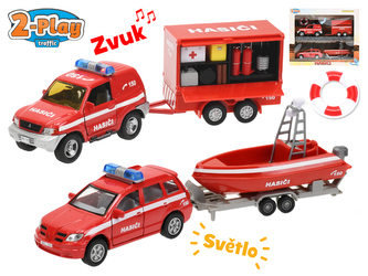Hasičská auta 13cm kov s přívěsem a vozíkem 2-Play na baterie se světlem a zvukem v krabičce