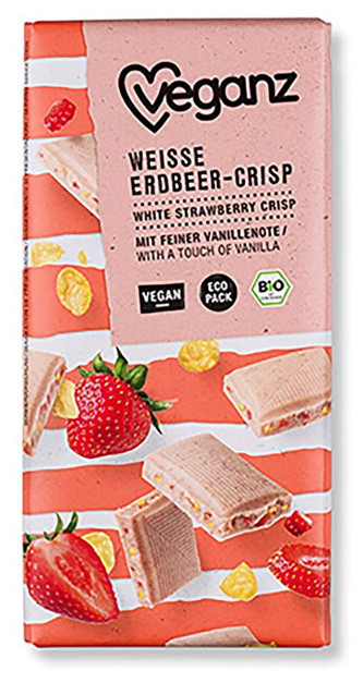 Veganz Bílá čokoláda s jahodami a křupinkami, Bio 80 g
