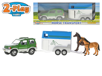 Auto Mitsubishi Pajero 13cm kov zpětný chod s přívěsem 11cm kov + 2 koně 2-Play v krabičce