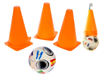Fotbalové kužely 18cm 4ks s míčkem 11cm 10m+ v síťce Fotbalové kužely 18cm 4ks s míčkem 11cm 10m+ v síťce