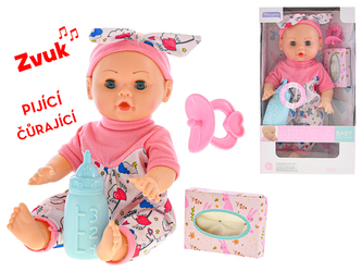Miminko tvrdé tělo 30cm pijící a čurající na baterie 4zvuky a doplňky v krabičce