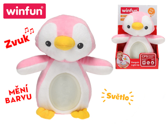 Lampička tučňák 22cm plyšový stojící měnící barvu na baterie se světlem a ukolébavkou 0m+ v krabičce
