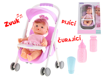 Miminko 24cm pijící a čurající na baterie 4zvuky v kočárku s doplňky v krabičce