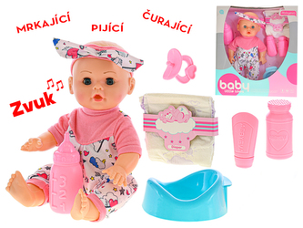 Miminko 29cm mrkající, pijící a čurající na baterie 4zvuky s doplňky v krabičce