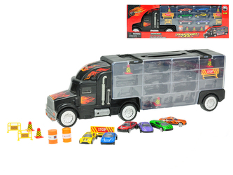 Kamion s úložným prostorem 48cm + 6ks aut 7cm kov volný chod a doplňky v krabičce