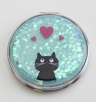 Zrcátko glitrové: Kočka se srdíčky