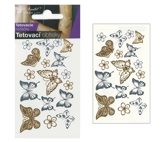 Tetovací obtisky zlaté a stříbrné 10,5 x 6cm, motýli 1114