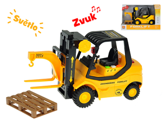 Vysokozdvižný vozík 23cm 1:16 na setrvačník na baterie se světlem a zvukem v krabičce