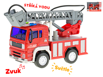 Auto hasiči 18cm 1:20 stříkající vodu na setrvačník na baterie se světlem a zvukem v krabičce