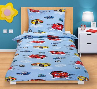 Povlečení bavlněné Junior - závodní auta sv.modrá - dětský motiv - 140x200, 70x90 cm