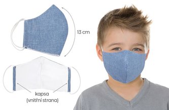 Ústní rouška dětská , chlapecká bavlněná na gumičku s vnitřní kapsou - Uni modrá - délka oblouku 13cm