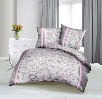Povlečení bavlněný satén - šedorůžový kvítek - 140x220, 70x90 cm