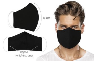 Ústní rouška bavlněná na gumičku s vnitřní kapsou - Uni černá z obou stran - délka oblouku 18cm