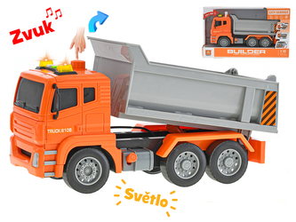 Auto sklápěčka 28cm 1:12 na setrvačník na baterie se světlem a zvukem v krabičce