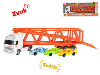 Auto přepravní 33cm 1:50 na setrvačník na baterie se světlem a zvukem s auty 7cm v krabičce