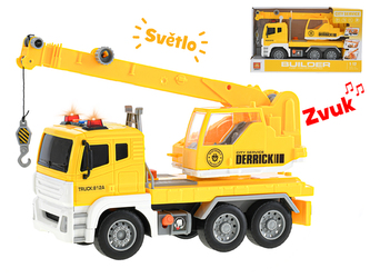 Auto jeřáb 28cm 1:12 pohyblivé části na setrvačník na baterie se světlem a zvukem v krabičce