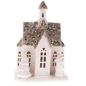 Porcelánový domek s věžičkou a LED světlem-2.jakost