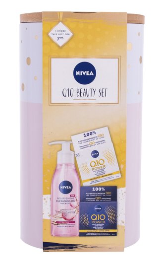 Nivea Q10 Beauty Set denní pleťová péče Q10 Power SPF15 50 ml + noční pleťová péče Q10 Power 50 ml + čisticí pleťový olej Nourishing Cleansing Oil Macadamia Oil 150 ml + plechová dóza