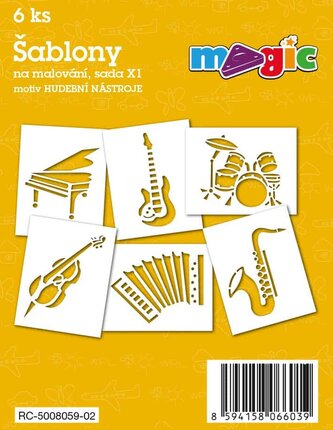 Papírové šablony MAGIC, 11 x 14cm, 6ks, sada X1 - Hudební nástroje