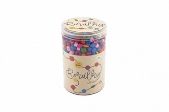 Korálky dřevěné barevné s gumičkami cca 800 ks ve velké plastové dóze 10x15cm