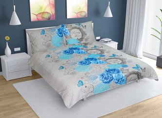 Povlečení bavlna na dvoudeku - modrá růže - 1x 200x220, 2ks 70x90 cm (200 cm šířka x 220 cm délka prodloužená)