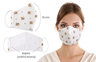 Ústní rouška bavlněná na gumičku s vnitřní kapsou - béžová kytička - délka oblouku 15cm