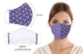 Ústní rouška dětská , bavlněná na gumičku s vnitřní kapsou - fialová kytička - délka oblouku 13cm