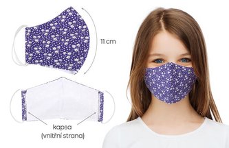 Ústní rouška dětská , bavlněná na gumičku s vnitřní kapsou - fialová kytička - délka oblouku 11cm