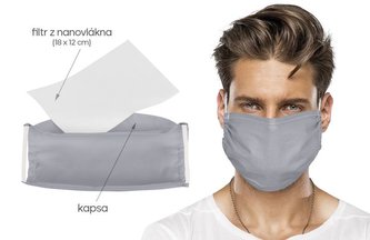 Ústní rouška s vloženým nanovlákenným filtrem - 1335/242 - světle šedá - 15x22cm