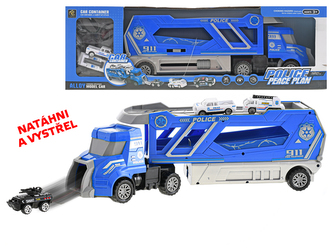 Přepravník aut policie 41cm na volný chod + 3auta 6cm kov na volný chod v krabičce