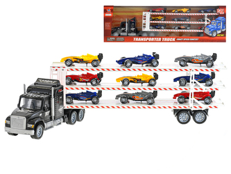 Auto přepravní 56cm na setrvačník s formulemi 9ks 9cm na volný chod v krabičce