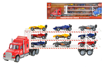 Auto přepravní 56cm na setrvačník s formulemi 9ks 9cm na volný chod v krabičce