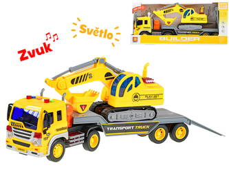 Auto tahač 1:16 39cm na setrvačník na baterie se světlem a zvukem s bagrem 24cm v krabičce